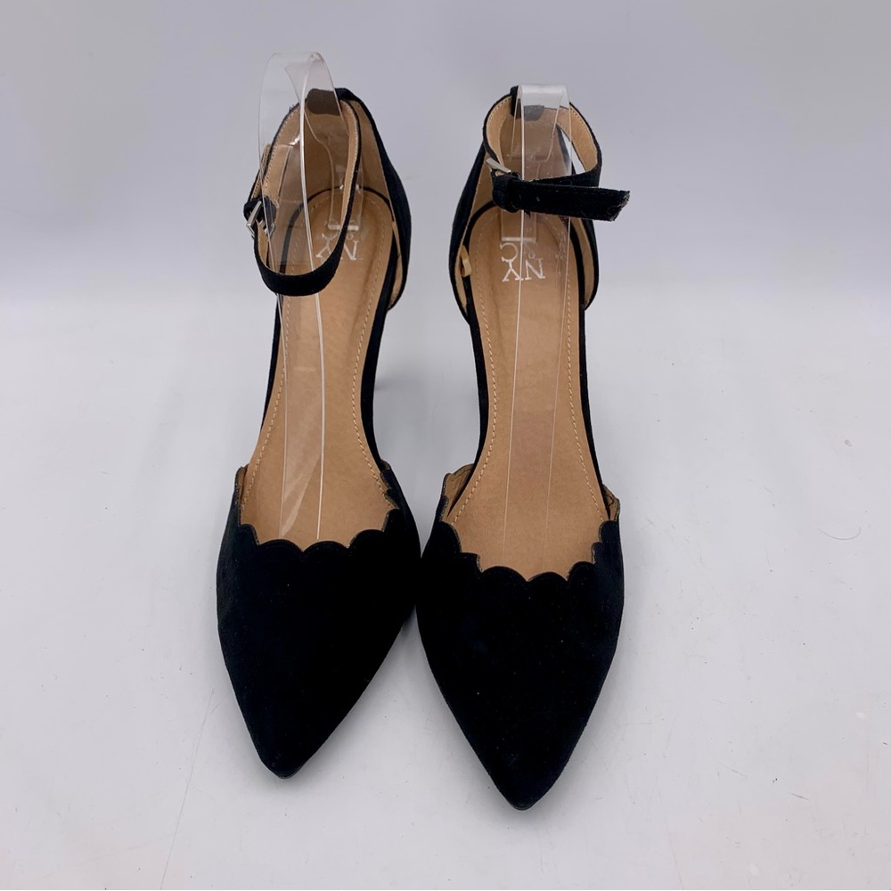 NY&C High Heels Black Faux Suede‎ Women 9.5 Stiletto Ankle Strap Scalloped EUC - Picture 4 of 11